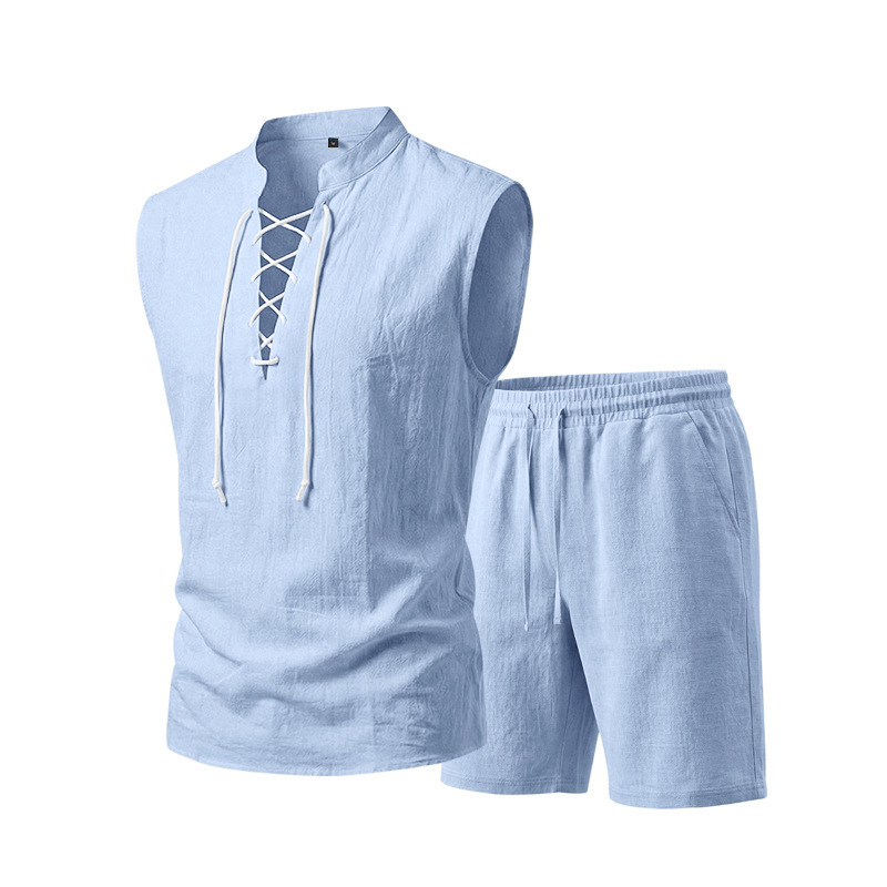 đ§ĩ LIMITED-TIME 50% OFF! ⨠Men's Linen Sleeveless Set â Top & Shorts, Lace-Up, 7 Colors âī¸