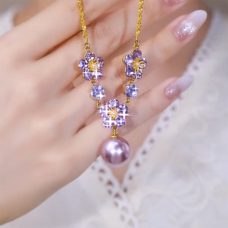 Elegant Purple Zircon Flower Pendant Necklace