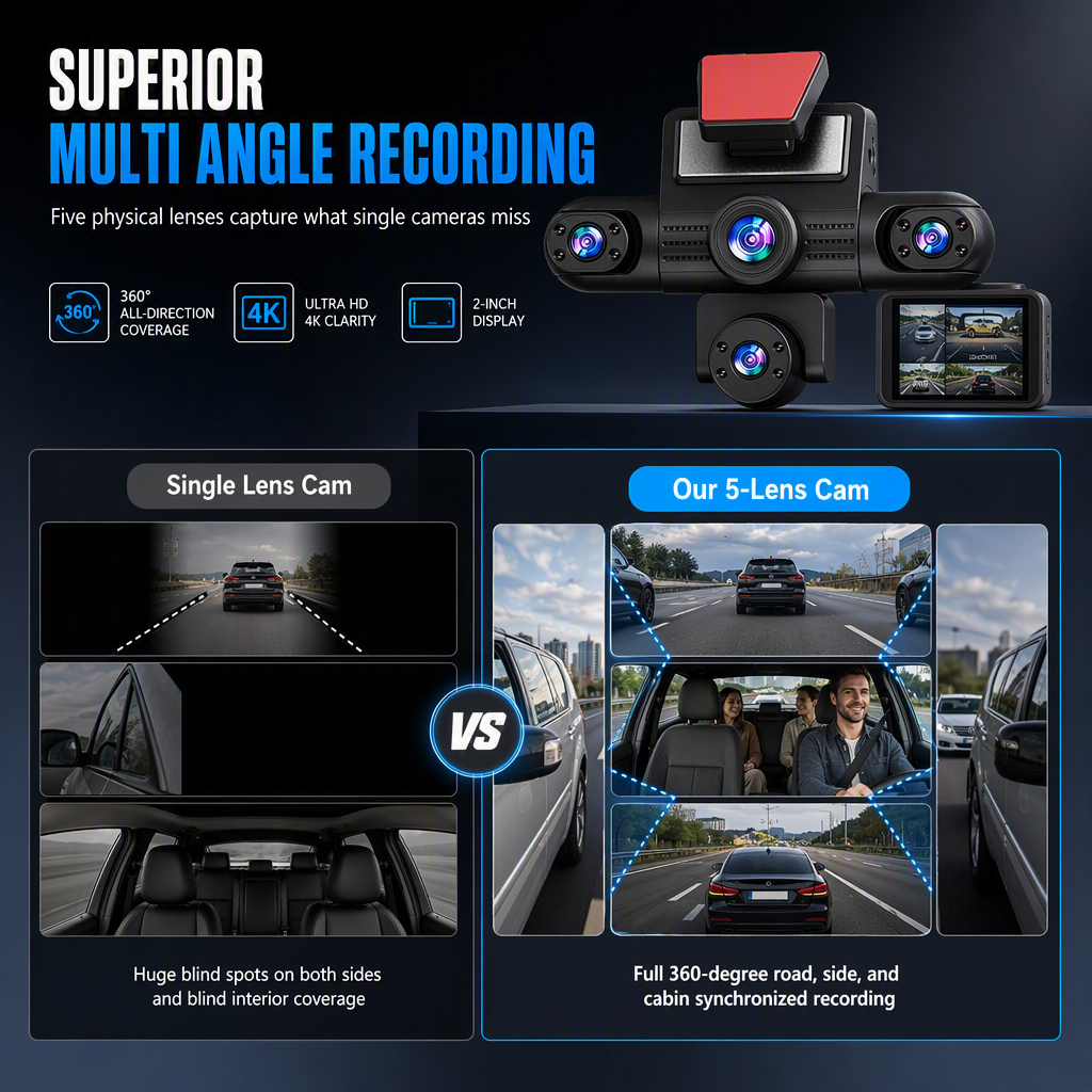 4K 360 Degree Panoramic Car Dash Cam with 5 Cameras Hidden Driving Recorder and Vehicle Monitoring System