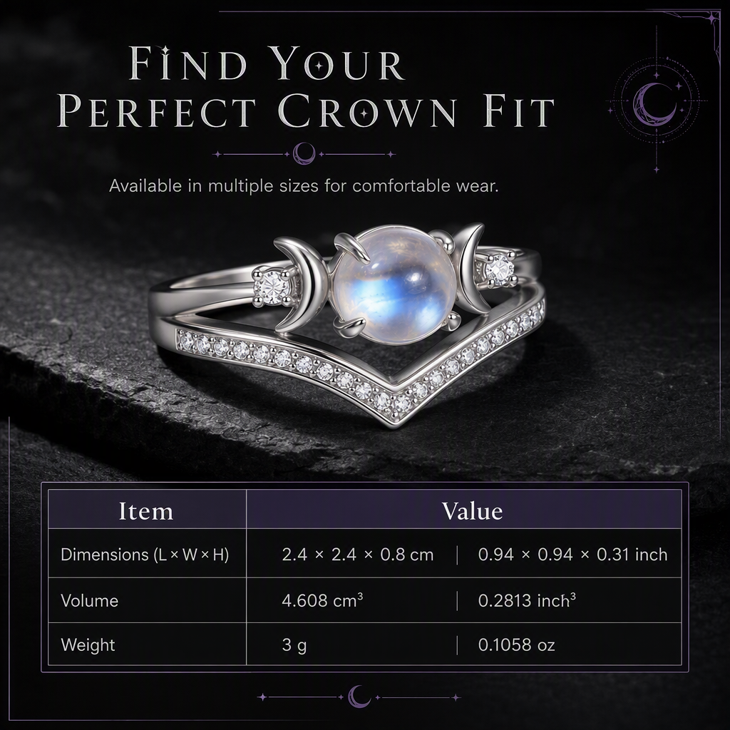 Vintage Gothic Crescent Moon Moonstone Ring with Platinum Plated V Shaped Prong Setting