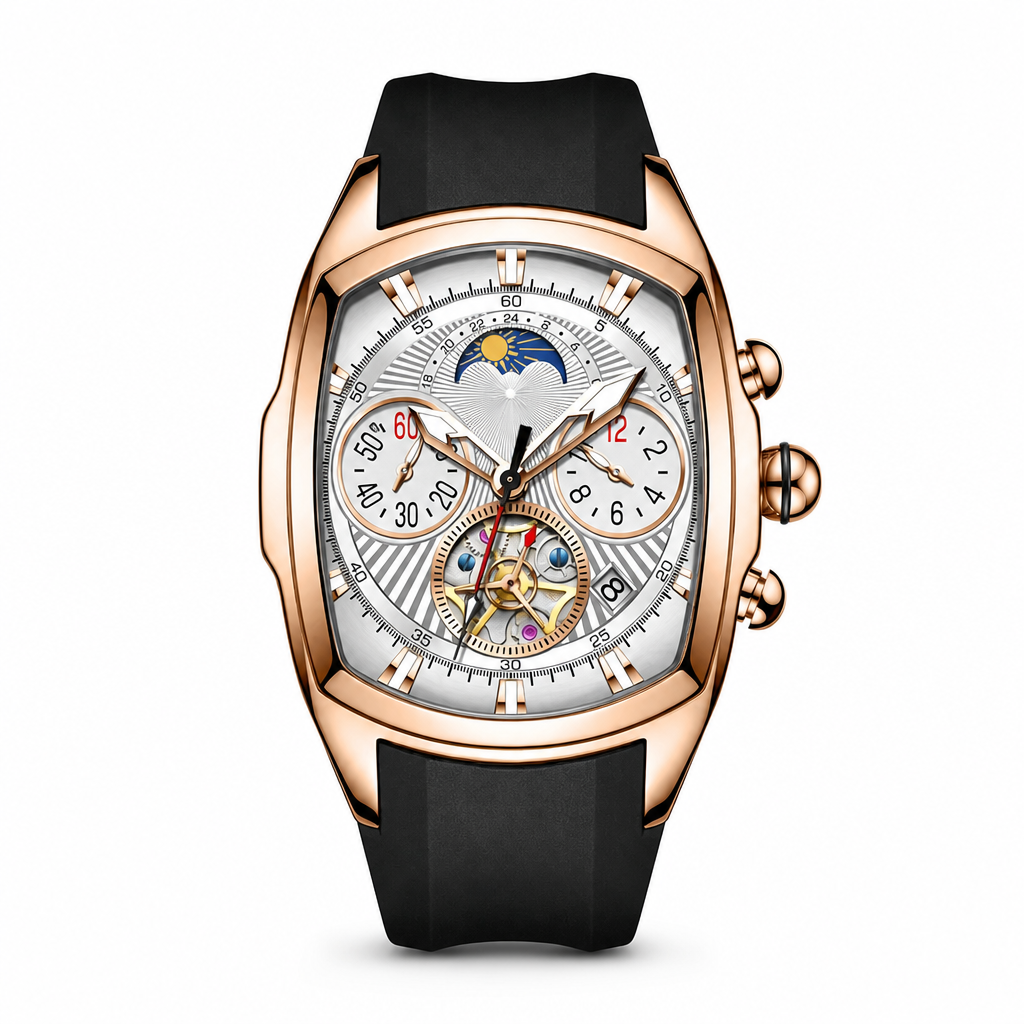 Men's Tonneau Quartz Chronograph Watch with Skeleton Flywheel Dial Moon Phase Calendar and Silicone Strap