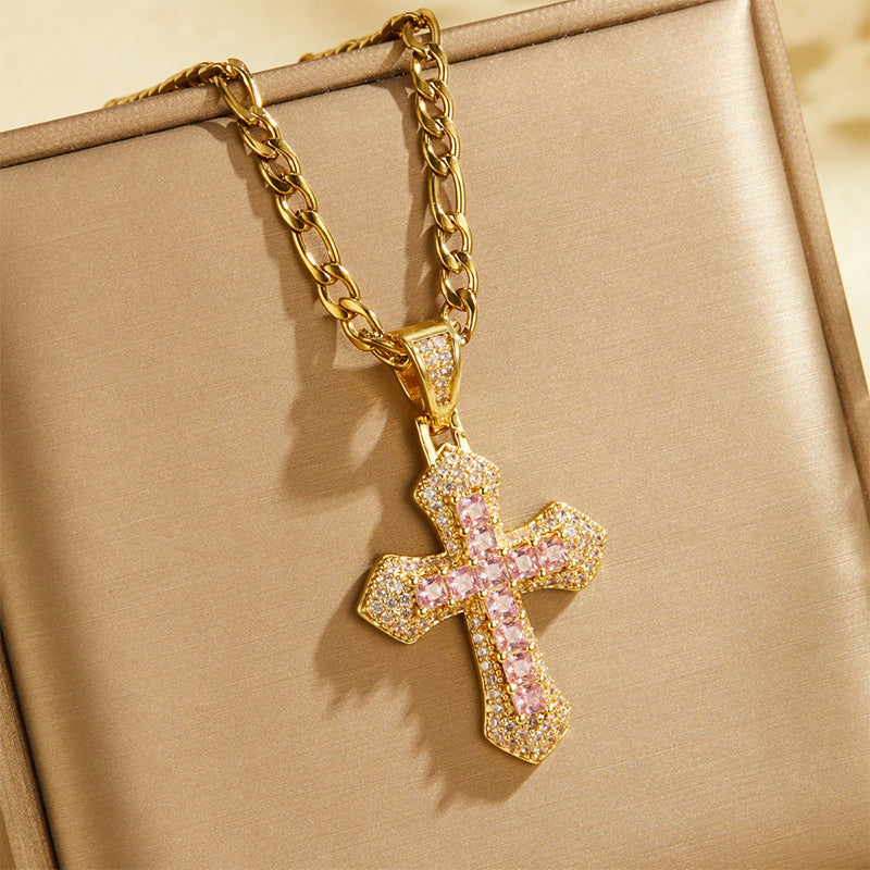📢📢50% OFF !! ⏰Hip Hop Double Layer Baguette Rhinestone Cross Brass with Figaro Chain