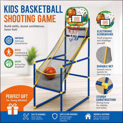 🥳2026 HOT SALE🥳💞50K+ SOLD!🏀🎯Kids‘ Indoor Basketball Arcade Game – Auto ball return, sturdy & safe. 4 balls + pump included. Quick setup, endless fun! 🧒💨
