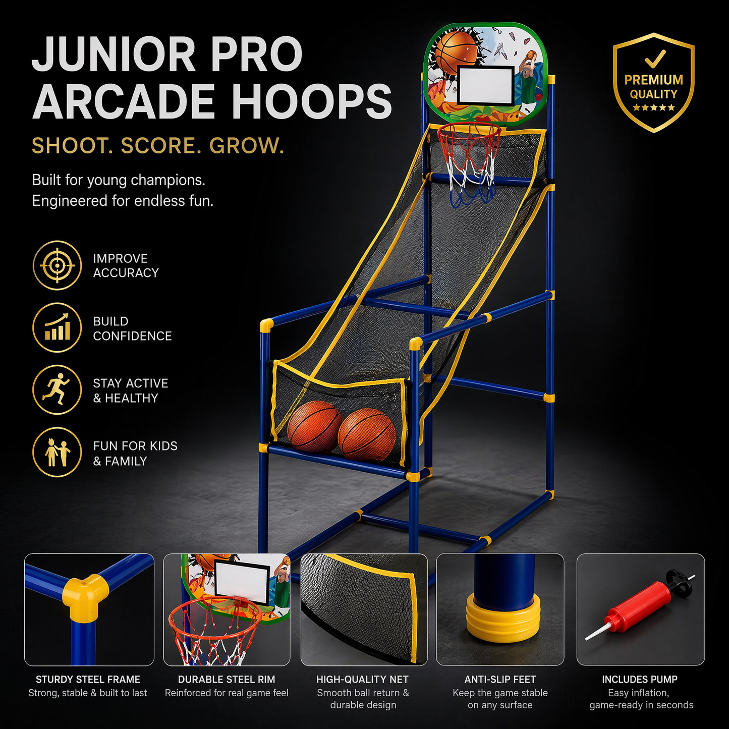🥳2026 HOT SALE🥳💞50K+ SOLD!🏀🎯Kids‘ Indoor Basketball Arcade Game – Auto ball return, sturdy & safe. 4 balls + pump included. Quick setup, endless fun! 🧒💨