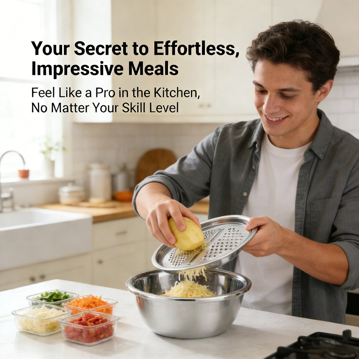 🧀🔪 50% OFF! 🥣3-in-1 Stainless Steel Grater Bowl – German Quality.
