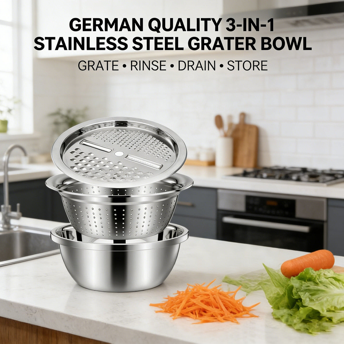 🧀🔪 50% OFF! 🥣3-in-1 Stainless Steel Grater Bowl – German Quality.