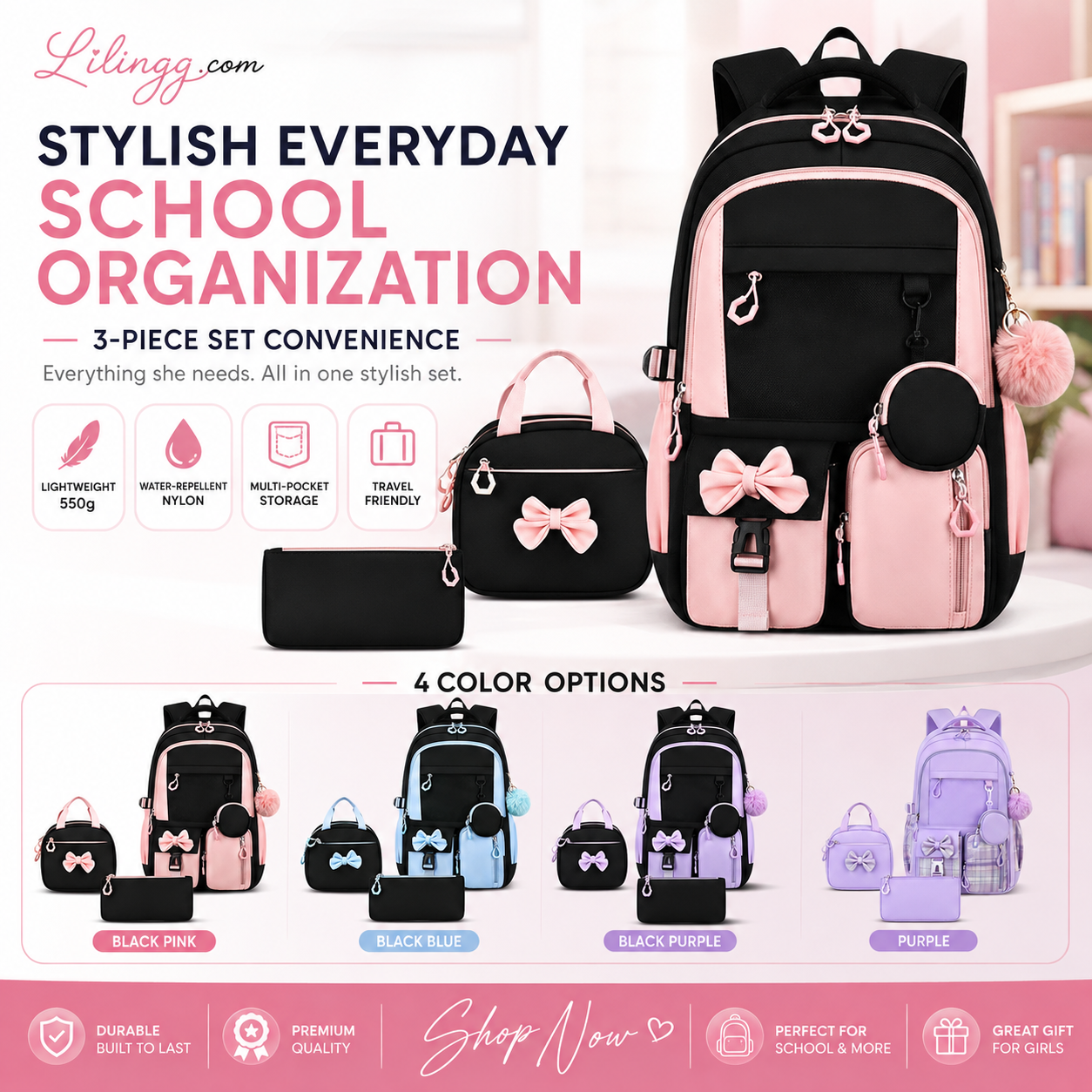 🎀🎒 50% OFF! ⚡Cute Bowknot Lightweight School Backpack – Water Repellent & Anti-Theft!