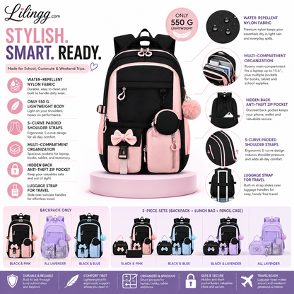 🎀🎒 50% OFF! ⚡Cute Bowknot Lightweight School Backpack – Water Repellent & Anti-Theft!