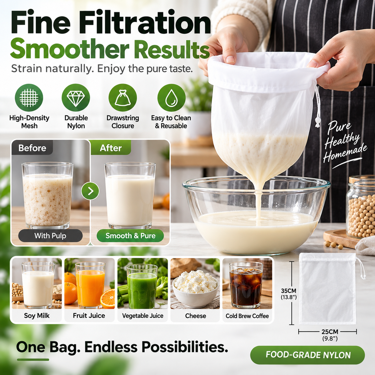 ⏳Time-Limited Special⏰High-Density Reusable Food Strainer Bag – Fine Mesh, Durable, Drawstring 🧺