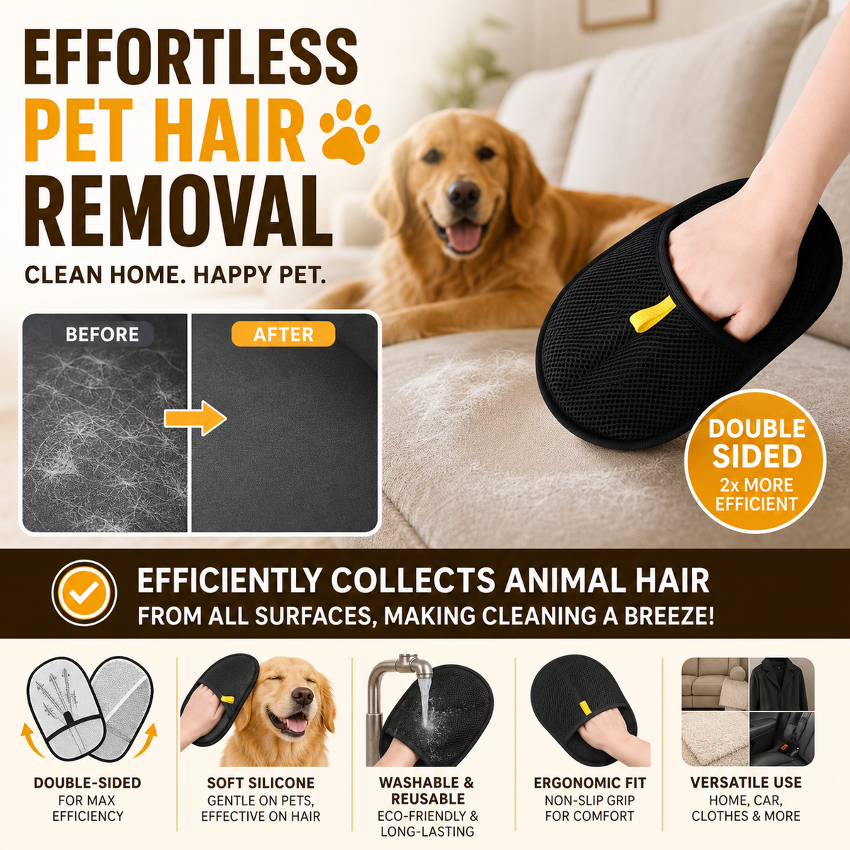 🐾 50% OFF! ✨ Pet Hair Remover Gloves – Double-Sided Silicone Bristles, Ergonomic Non-Slip Fit & Washable Reusable – Remove Fur from Sofas, Clothes & Carpets in Seconds 🧤