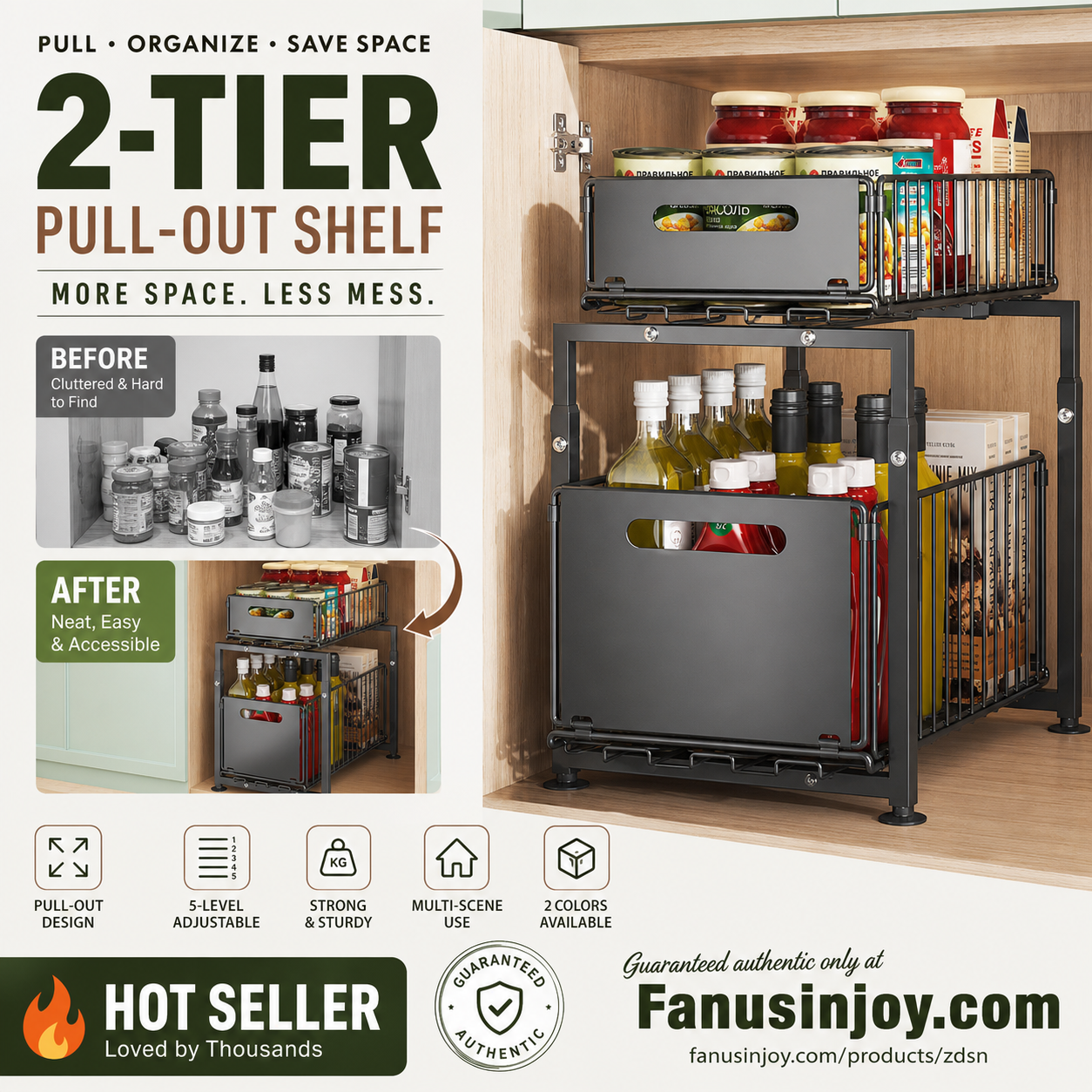 🔄💪 50% OFF! 📦2-Tier Pull-Out Shelf – Double storage, easy reach.