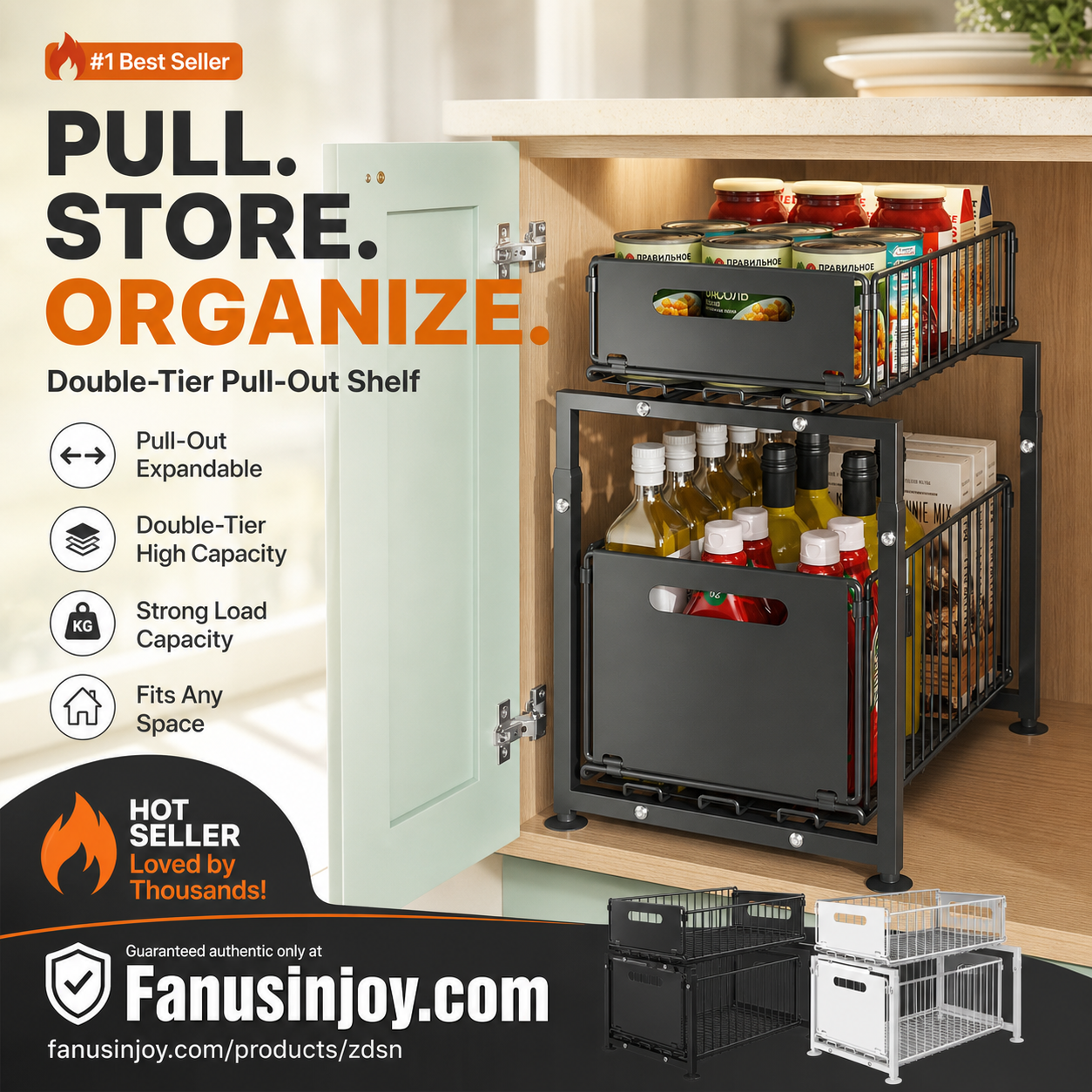 🔄💪 50% OFF! 📦2-Tier Pull-Out Shelf – Double storage, easy reach.