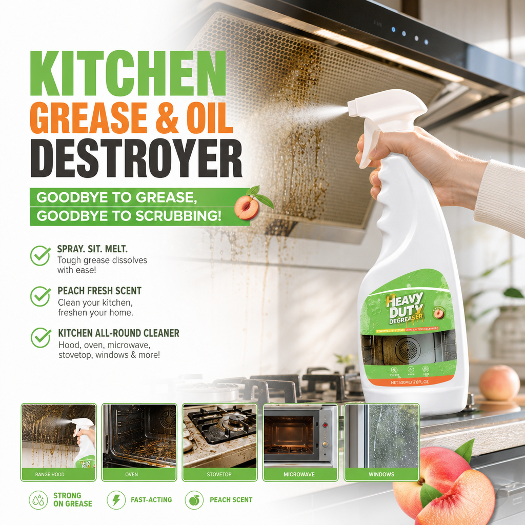 🏆 50% OFF! 🍑 Heavy-Duty Kitchen Degreaser Spray – Fast-Acting Grease Melter, Perfect for Range Hoods & Refreshing Peach Aroma – One Spray, Spotless Kitchen ✨
