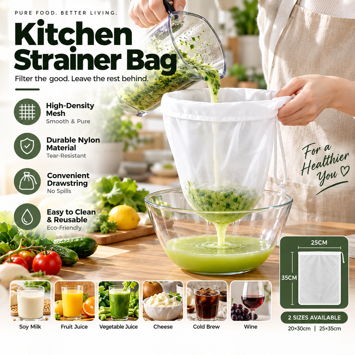 ⏳Time-Limited Special⏰High-Density Reusable Food Strainer Bag – Fine Mesh, Durable, Drawstring 🧺