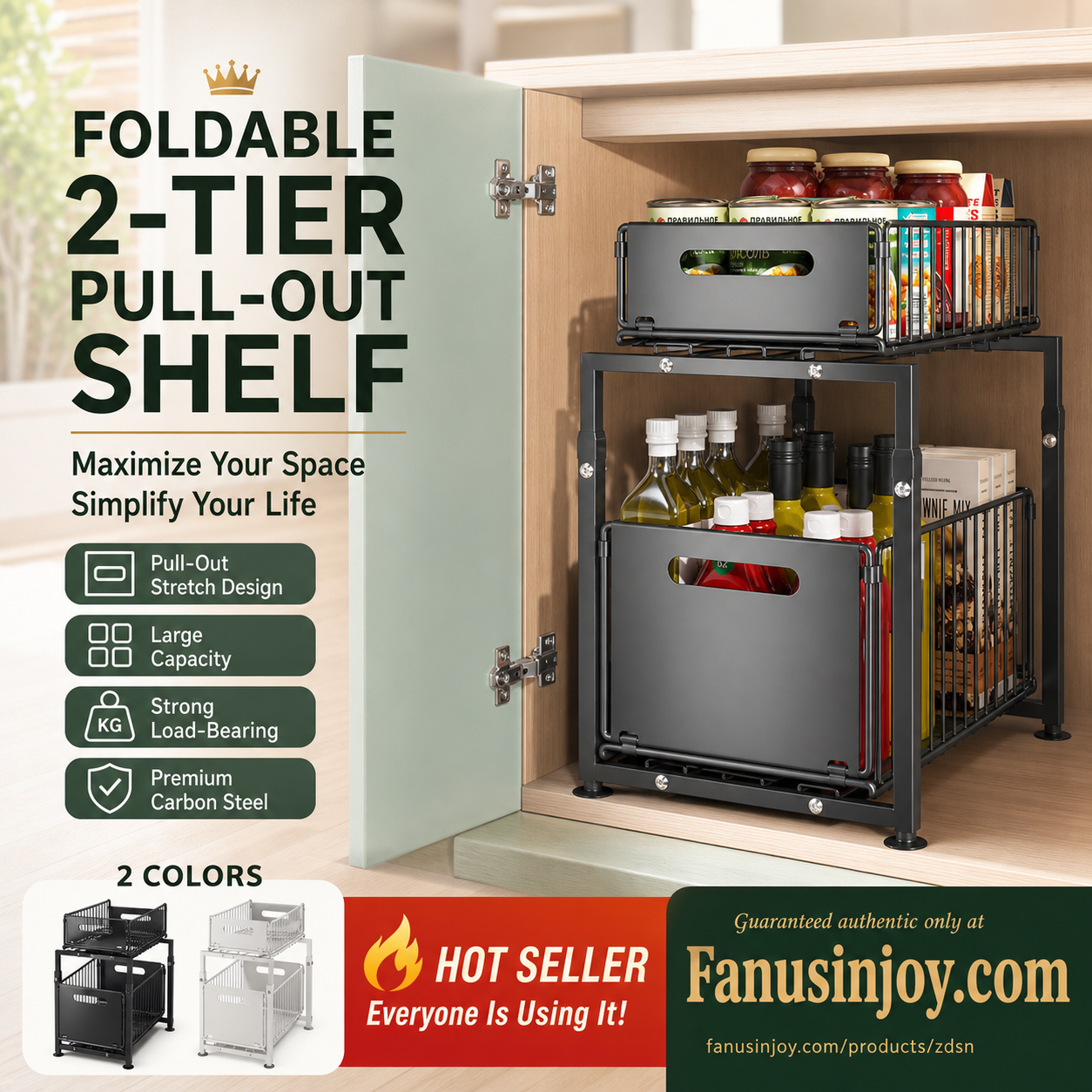 🔄💪 50% OFF! 📦2-Tier Pull-Out Shelf – Double storage, easy reach.