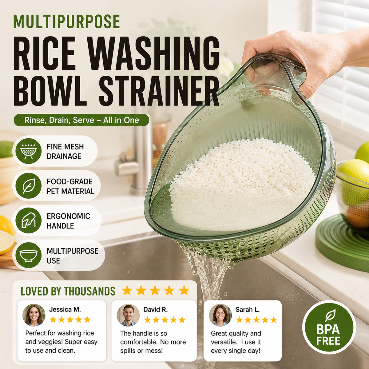 📢📢50% OFF & In Stock⏰ Wash Rice Without Losing a Grain – Fine Mesh Colander Bowl with Handle. UK Stock ✨