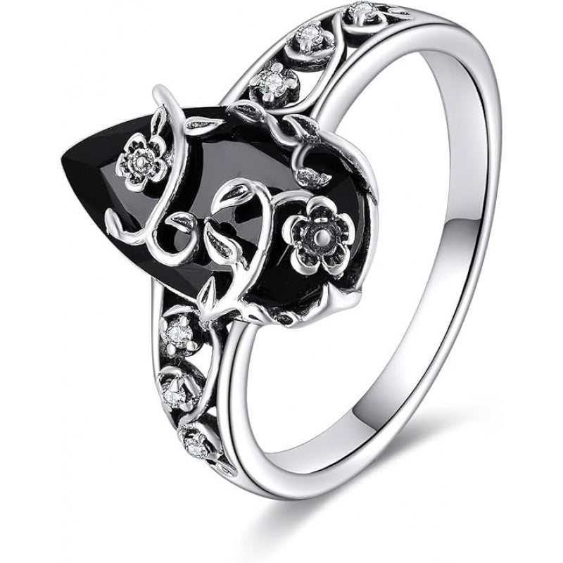 💍50% OFF NOW! 🌿 Vintage Floral Vine Ring – Black Teardrop Gem, Sparkling Accents & Openwork Band ✨