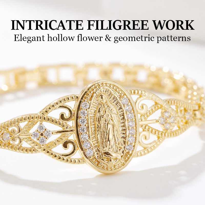 📢📢50% OFF & In Stock⏰Elegant Hollow Flower Virgin Mary Bracelet – Filigree Design, Gold Plated, Faith Inspired ✨