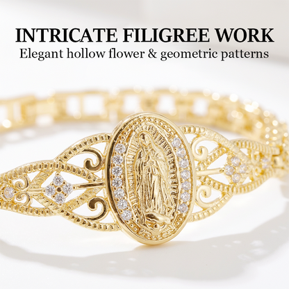 📢📢50% OFF & In Stock⏰Elegant Hollow Flower Virgin Mary Bracelet – Filigree Design, Gold Plated, Faith Inspired ✨