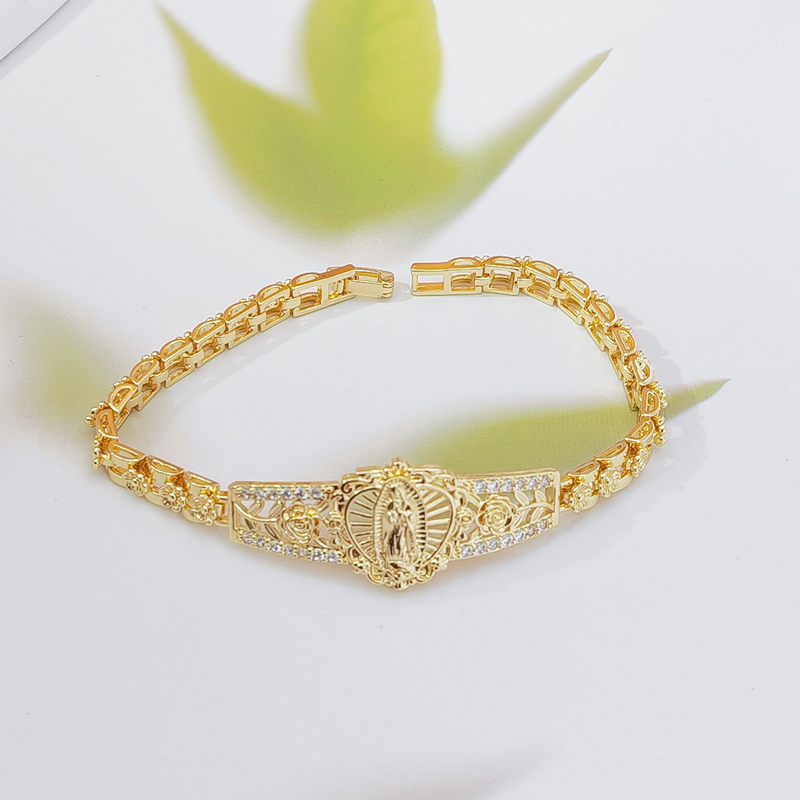 📢📢50% OFF & In Stock⏰Elegant Hollow Flower Virgin Mary Bracelet – Filigree Design, Gold Plated, Faith Inspired ✨
