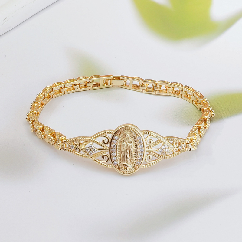 📢📢50% OFF & In Stock⏰Elegant Hollow Flower Virgin Mary Bracelet – Filigree Design, Gold Plated, Faith Inspired ✨