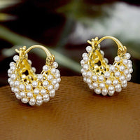 💍Mother's Day Early Bird Special✨ Faux Pearl Basket Hoop Earrings – Gold Tone, Unique Weave, Classic Elegance 🪀