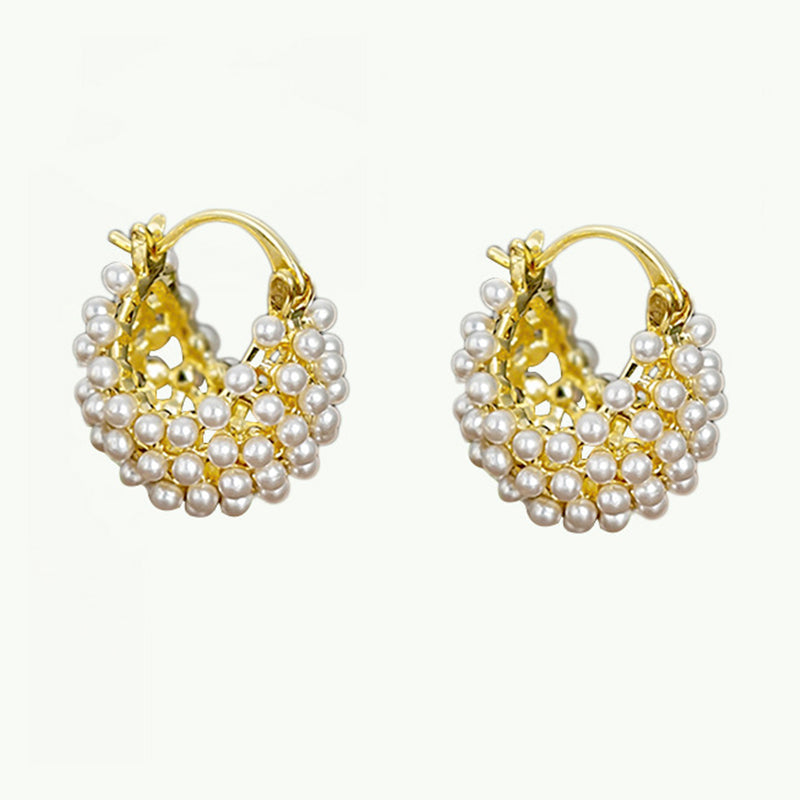 💍Mother's Day Early Bird Special✨ Faux Pearl Basket Hoop Earrings – Gold Tone, Unique Weave, Classic Elegance 🪀