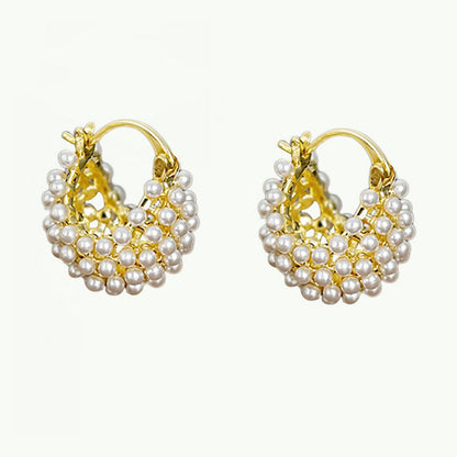 💍Mother's Day Early Bird Special✨ Faux Pearl Basket Hoop Earrings – Gold Tone, Unique Weave, Classic Elegance 🪀