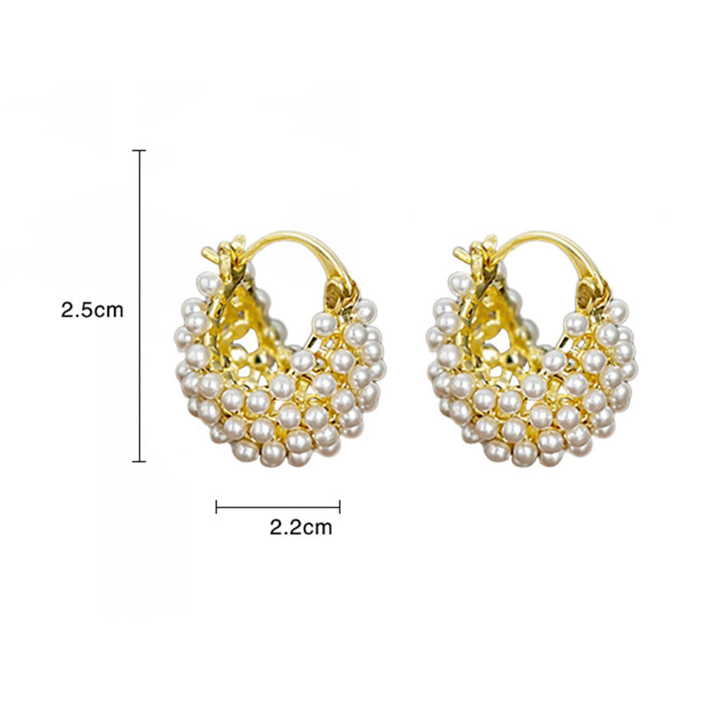 💍Mother's Day Early Bird Special✨ Faux Pearl Basket Hoop Earrings – Gold Tone, Unique Weave, Classic Elegance 🪀