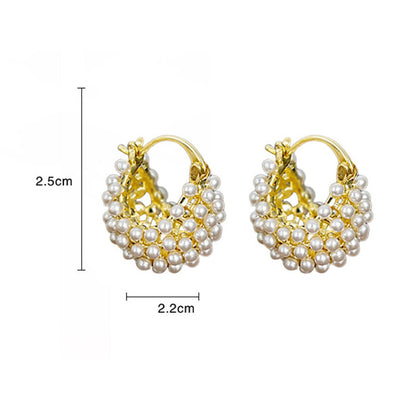 💍Mother's Day Early Bird Special✨ Faux Pearl Basket Hoop Earrings – Gold Tone, Unique Weave, Classic Elegance 🪀