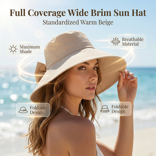 👒 💐 Women's Bowknot Wide Brim Sun Protective Hat – Oversized wide brim blocks UV rays, delicate bow decor, lightweight breathable fabric, ideal for beach, travel & outdoor walking✨