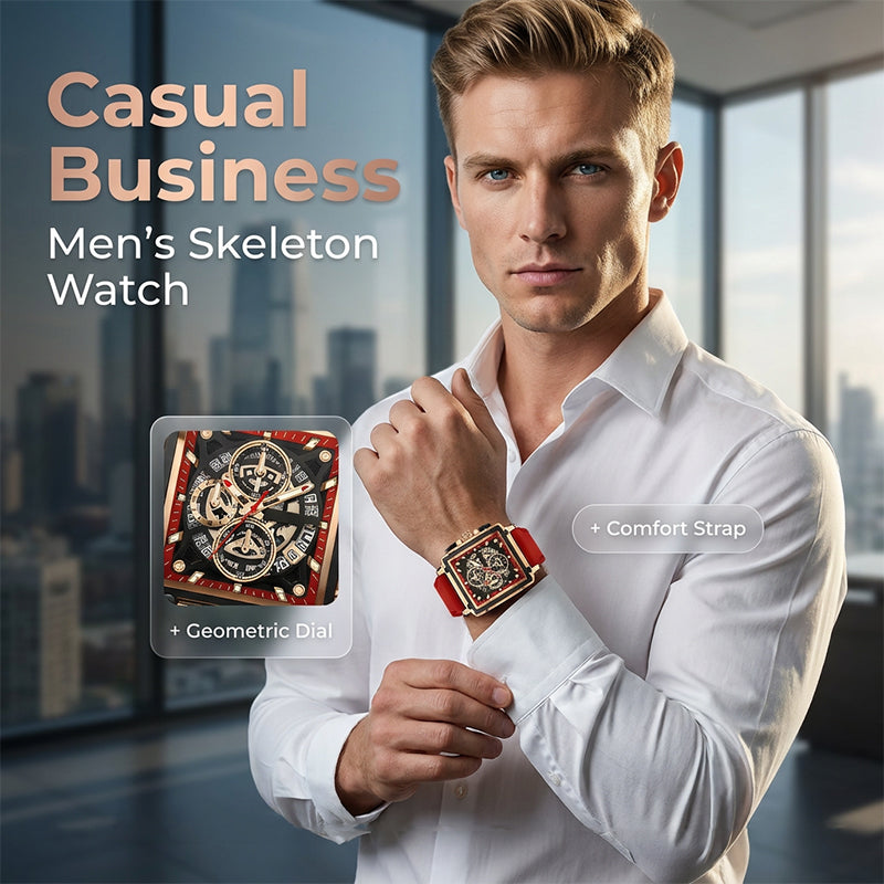 ⌚ LIMITED-TIME 50% OFF! ✨ Men's Skeleton Watch – Square Face, Chronograph, Silicone Strap 🌀
