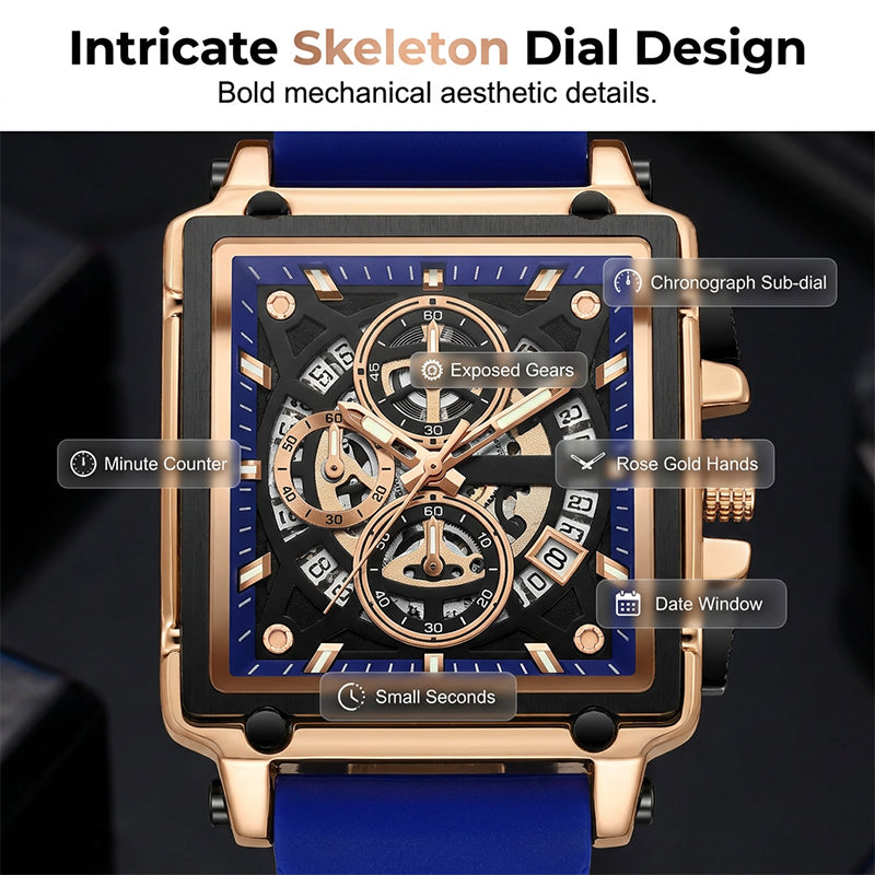⌚ LIMITED-TIME 50% OFF! ✨ Men's Skeleton Watch – Square Face, Chronograph, Silicone Strap 🌀