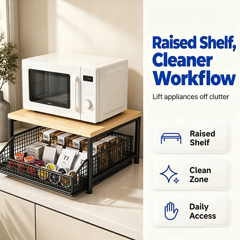 📢📢50% OFF !!⏰&free shipping💥2-Tier Kitchen Microwave Stand with Slide-Out Drawer — Heavy-Duty Countertop Shelf