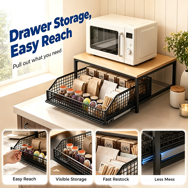 📢📢50% OFF !!⏰&free shipping💥2-Tier Kitchen Microwave Stand with Slide-Out Drawer — Heavy-Duty Countertop Shelf