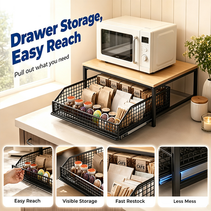 📢📢50% OFF !!⏰&free shipping💥2-Tier Kitchen Microwave Stand with Slide-Out Drawer — Heavy-Duty Countertop Shelf