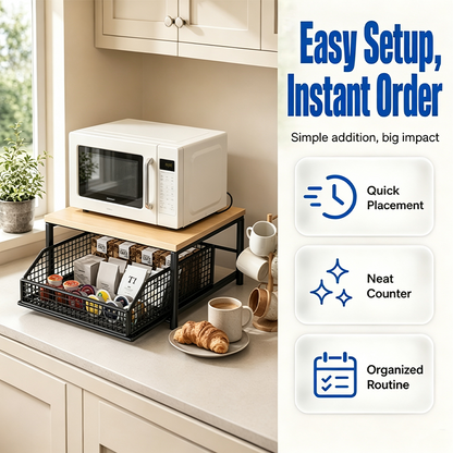 📢📢50% OFF !!⏰&free shipping💥2-Tier Kitchen Microwave Stand with Slide-Out Drawer — Heavy-Duty Countertop Shelf