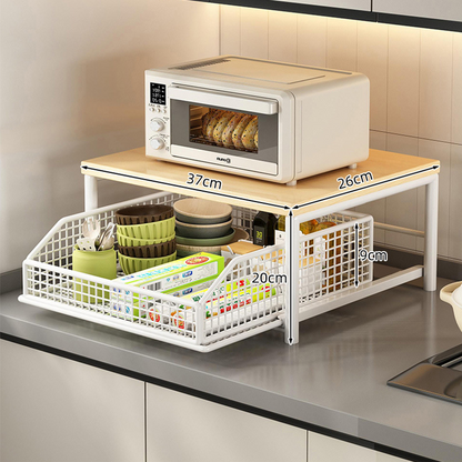 📢📢50% OFF !!⏰&free shipping💥2-Tier Kitchen Microwave Stand with Slide-Out Drawer — Heavy-Duty Countertop Shelf
