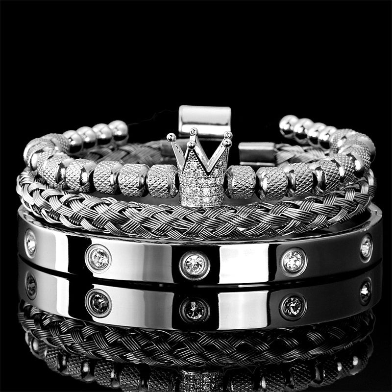👑 50% OFF! ✨ Men's Stainless Steel Crown Bracelet 3-Piece Set – Hand-Set AAA Zircons, PVD Electroplating & Adjustable 17-21cm Fit – Urban Luxury for Suits & Street Style 💎