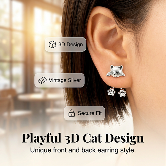 📢📢50% OFF !! ⏰🐱 3D Cute Peeking Cat Stud Earrings – Playful Front-Back Design, Vintage Silver Finish & Lightweight Comfort ✨