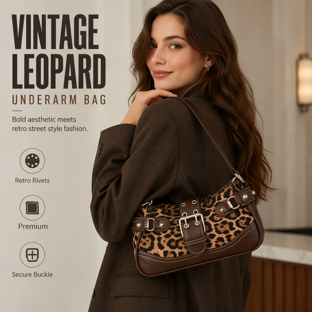 🐆 LIMITED TIME 50% OFF! 🤎 Retro Leopard Print Shoulder Bag for Women – Vintage Style Crossbody Handbag with Rivet Accents ✨