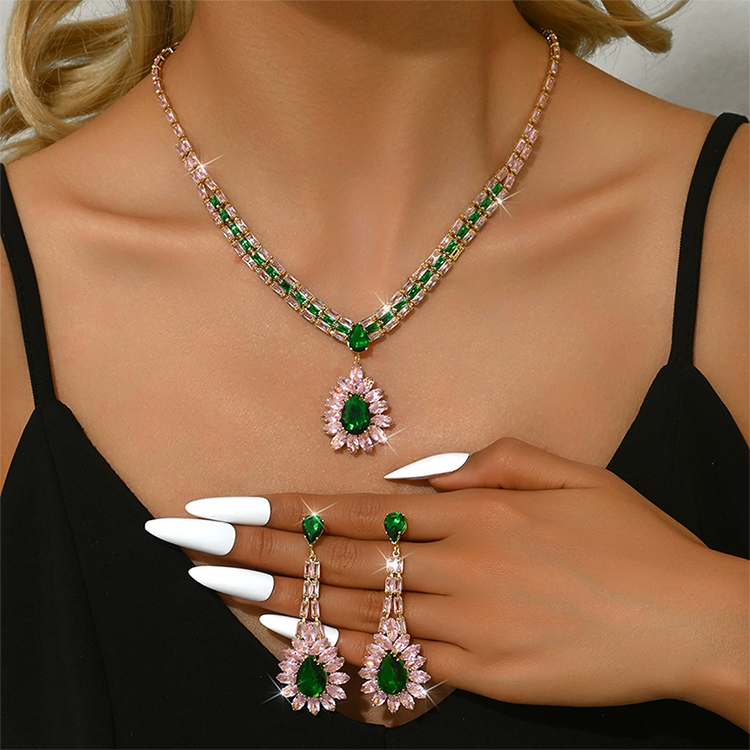 🎉 LIMITED TIME 50% OFF! 💎 Zircon Jewelry Set – Necklace & Drop Earrings for Women – Pink & Green Design, Premium Copper Base ✨
