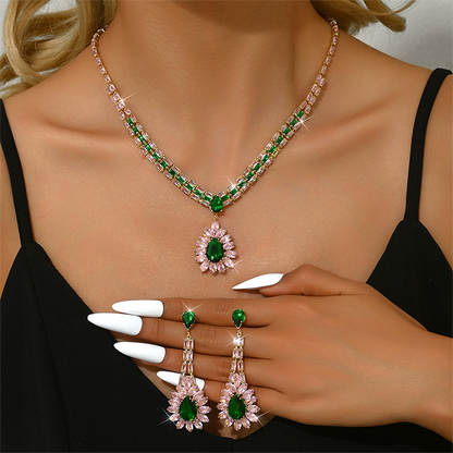 🎉 LIMITED TIME 50% OFF! 💎 Zircon Jewelry Set – Necklace & Drop Earrings for Women – Pink & Green Design, Premium Copper Base ✨