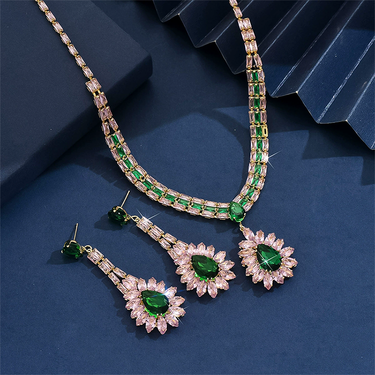 🎉 LIMITED TIME 50% OFF! 💎 Zircon Jewelry Set – Necklace & Drop Earrings for Women – Pink & Green Design, Premium Copper Base ✨
