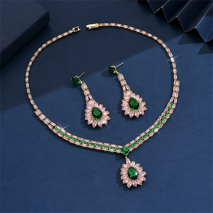 🎉 LIMITED TIME 50% OFF! 💎 Zircon Jewelry Set – Necklace & Drop Earrings for Women – Pink & Green Design, Premium Copper Base ✨