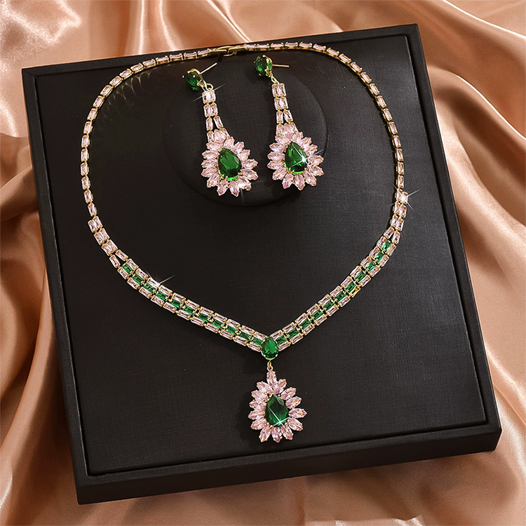 🎉 LIMITED TIME 50% OFF! 💎 Zircon Jewelry Set – Necklace & Drop Earrings for Women – Pink & Green Design, Premium Copper Base ✨