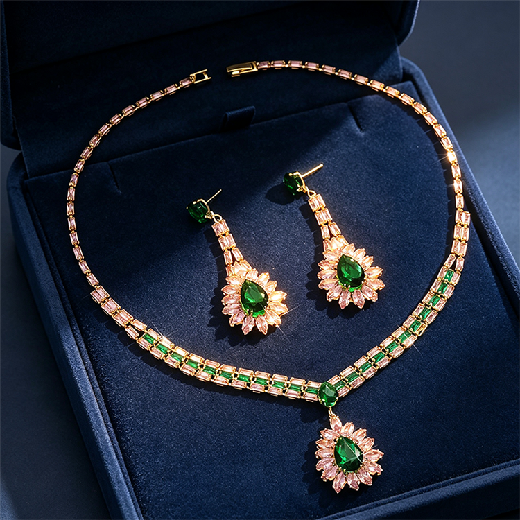 🎉 LIMITED TIME 50% OFF! 💎 Zircon Jewelry Set – Necklace & Drop Earrings for Women – Pink & Green Design, Premium Copper Base ✨