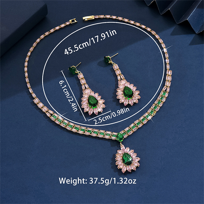 🎉 LIMITED TIME 50% OFF! 💎 Zircon Jewelry Set – Necklace & Drop Earrings for Women – Pink & Green Design, Premium Copper Base ✨