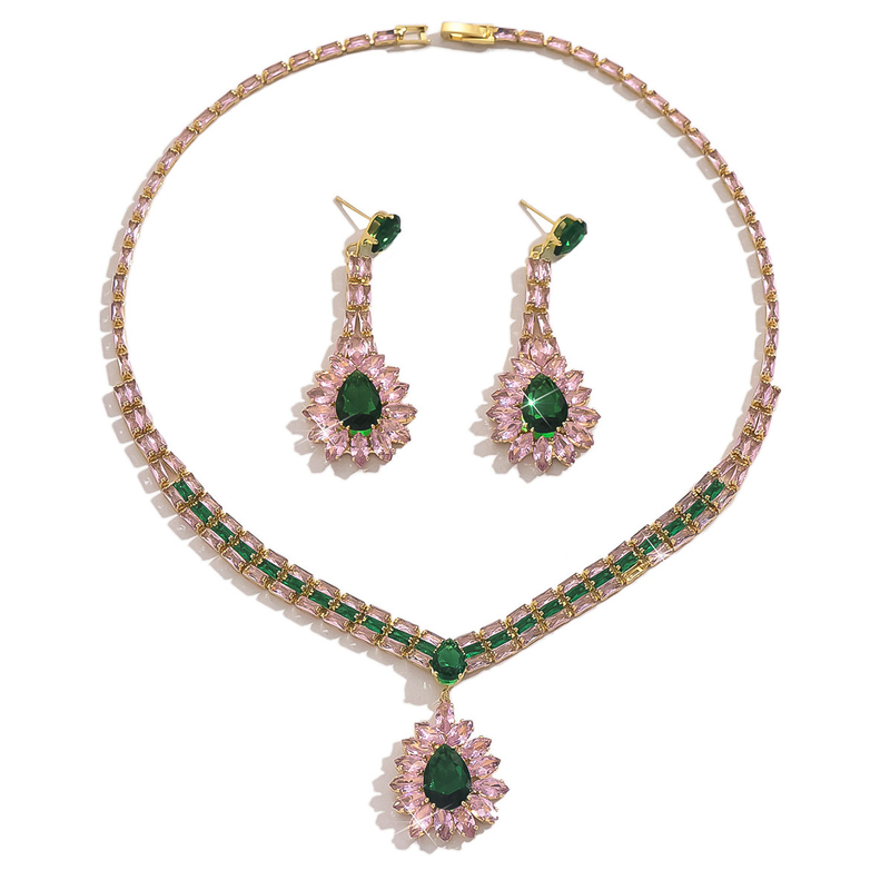🎉 LIMITED TIME 50% OFF! 💎 Zircon Jewelry Set – Necklace & Drop Earrings for Women – Pink & Green Design, Premium Copper Base ✨
