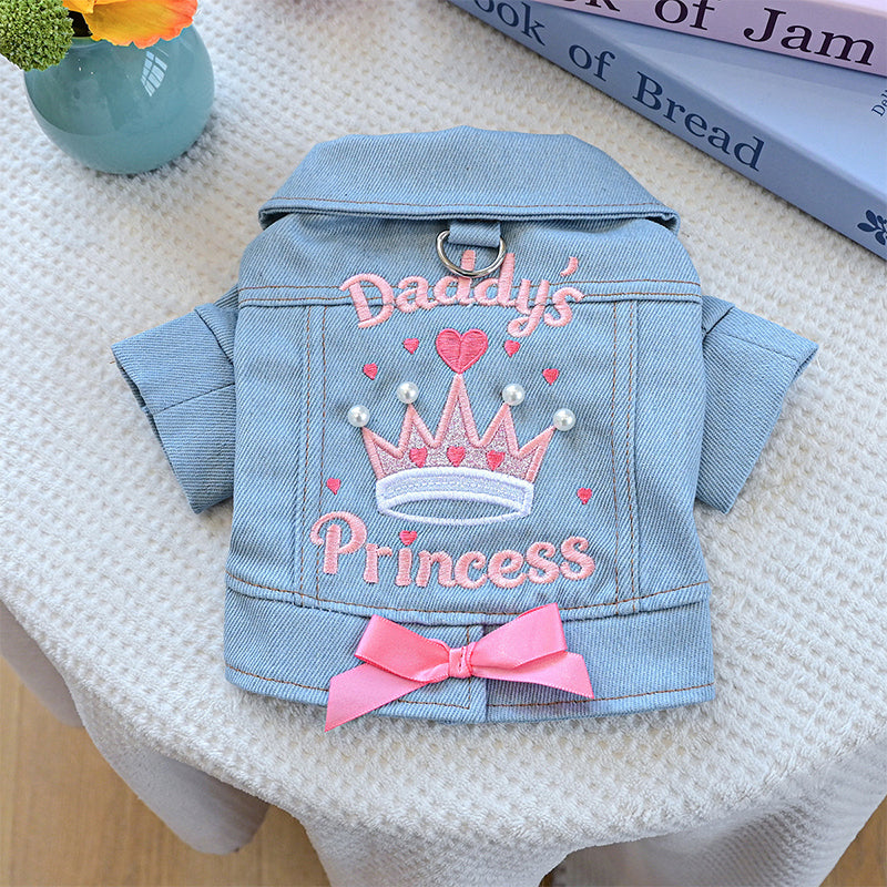 👗 Cute Princess Denim Dog Jacket – Stylish Adjustable Clothing for Small & Medium Dogs, Soft Washed Denim with Bow Accent 🐩✨